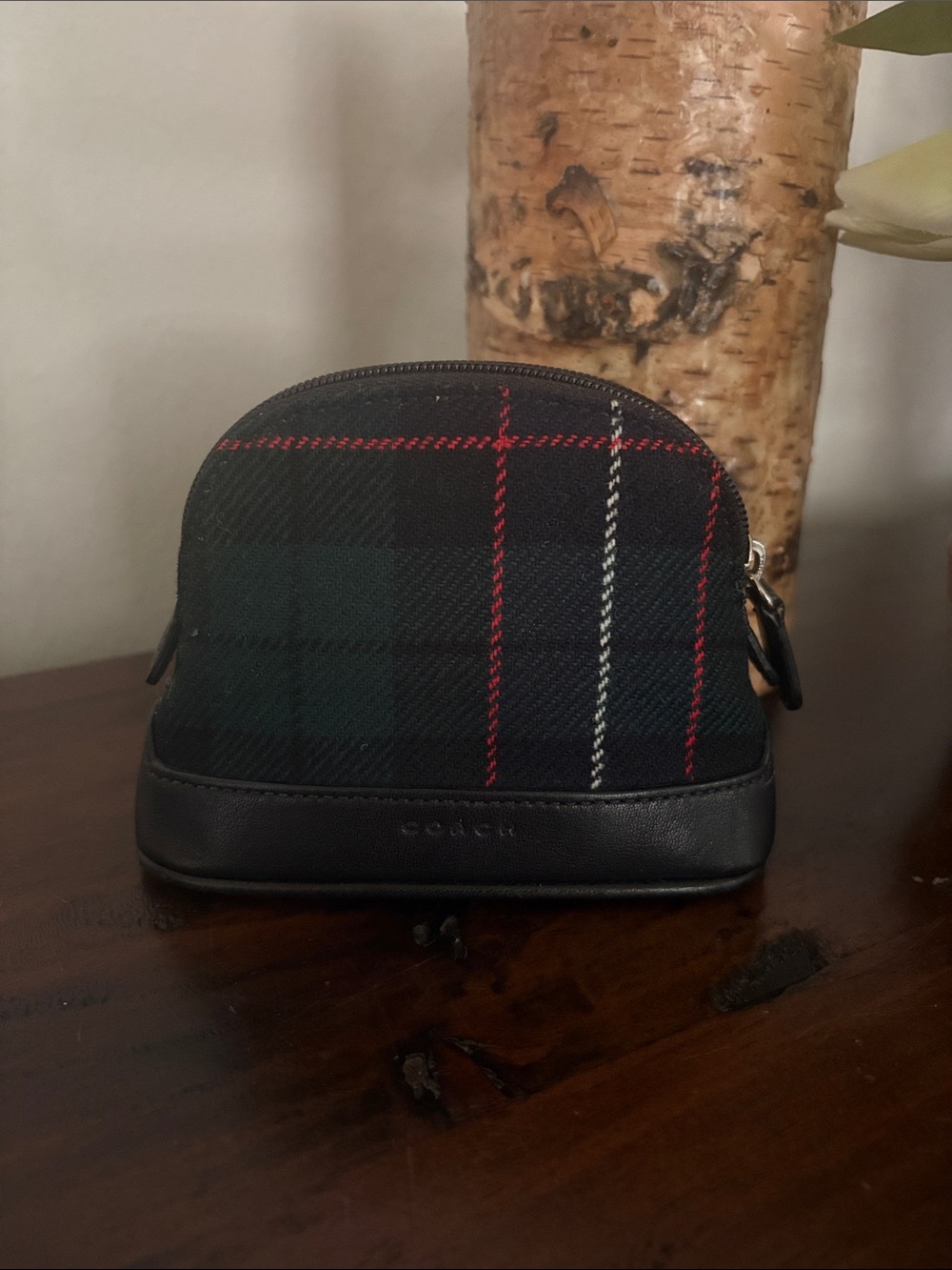 Coach green wool plaid Leather-Trim Cosmetic Bag
